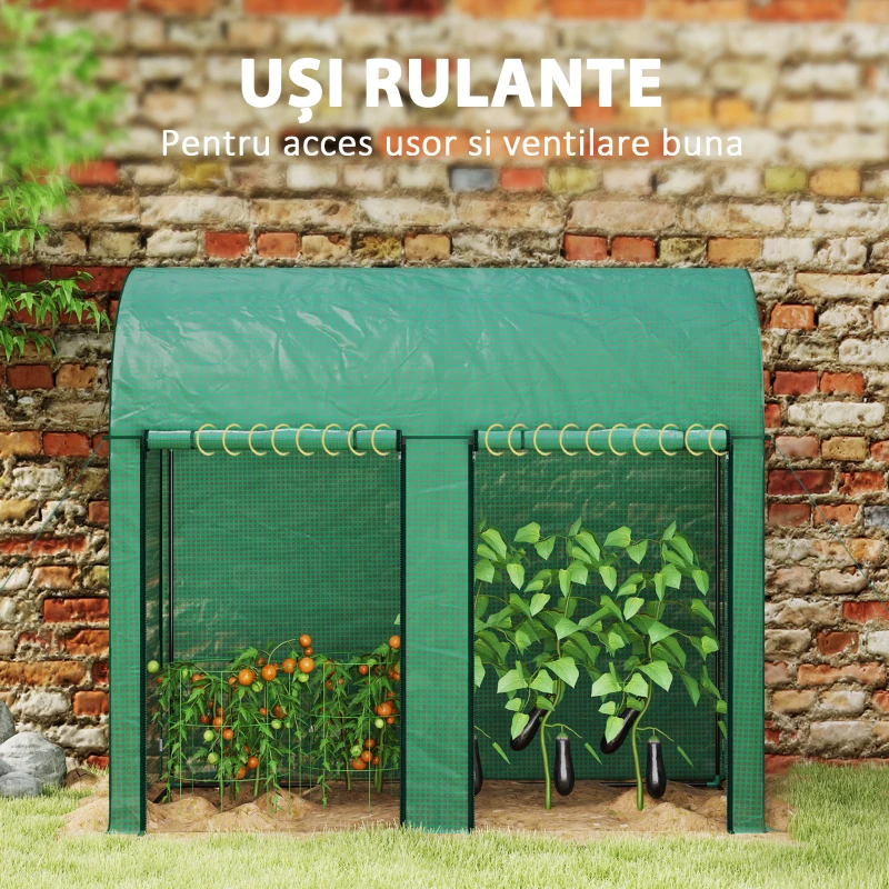 Outsunny Seră pentru Grădină de 2 m², 2 Uși Rulante, Acoperire din PE 140g/m² Anti-UV, 2x1x1.78m, Verde