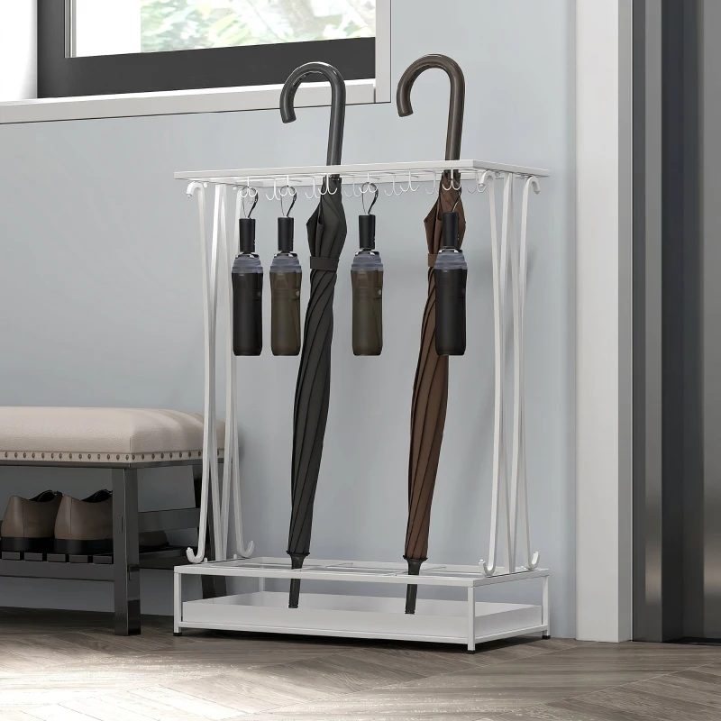 HOMCOM Portaombrelli con Vaschetta per l'Acqua, 21 Fori e 24 Ganci per Ombrello, in Acciaio, 50x24x68 cm, Bianco
