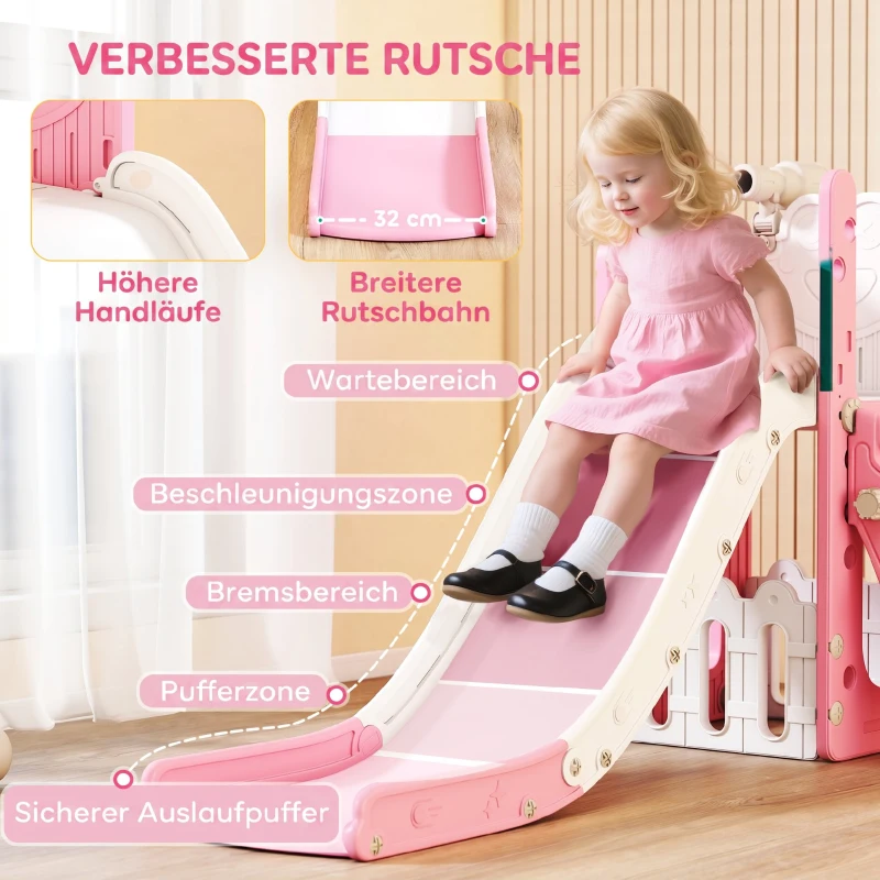 AIYAPLAY 5-in-1 Kinderrutschenset, Teleskop, Basketballkorb, HDPE, Kunststoff, Rosa+Weiß