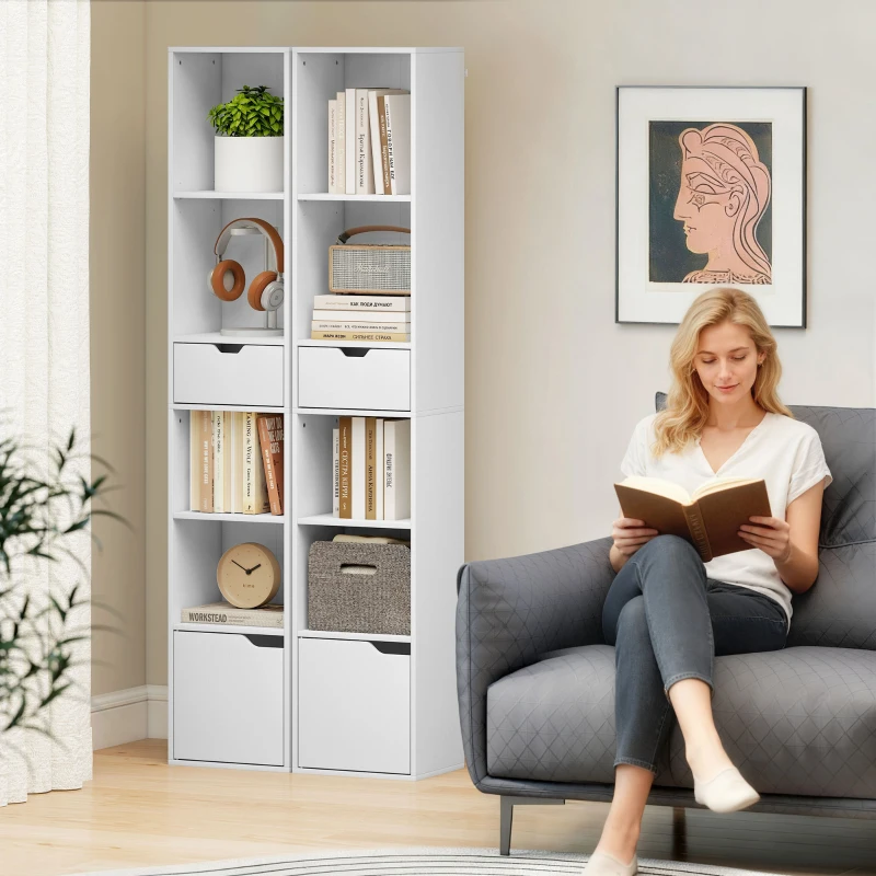 HOMCOM Bücherregal mit 6 Ebenen, 3-stufig verstellbar, mit Schublade, Schranktür, anpassbares Regal, Ausstellungsregal, Weiß