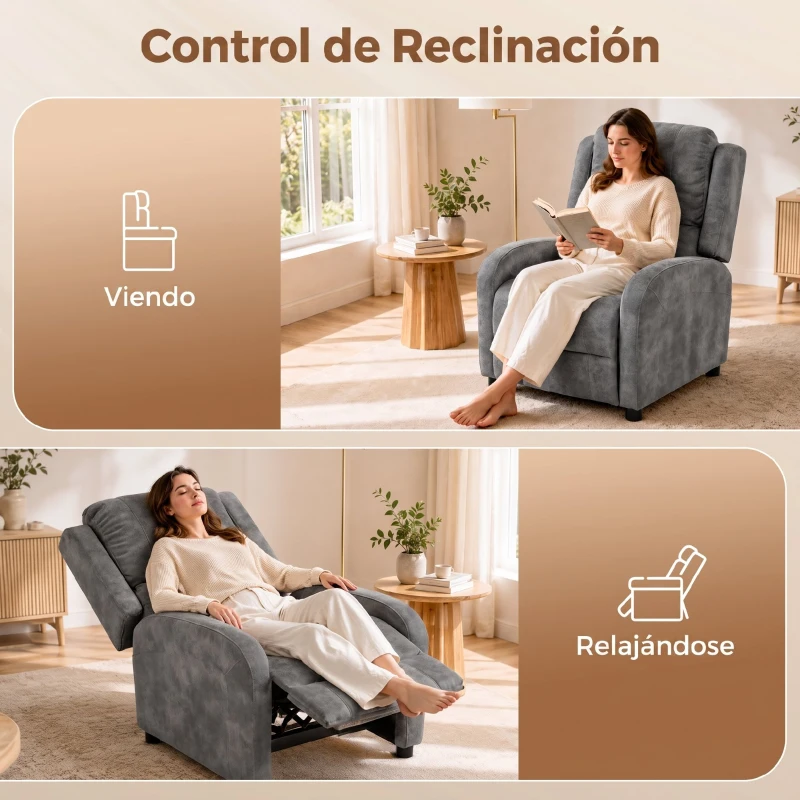 HOMCOM Sillón Relax Reclinable Manual Tapizado en Cuero Sintético Instalación Rápida Reposapiés Acolchado Grueso Gris