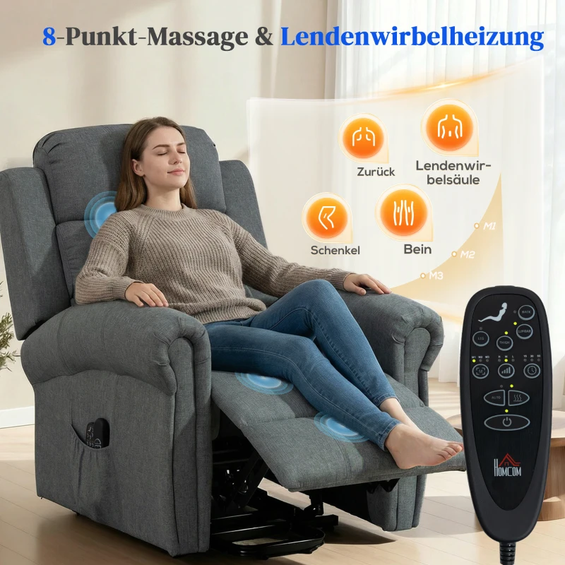 HOMCOM Massagestoel met opstaanfunctie, relaxfauteuil, vibratiekoppen, met kantelfunctie, linnenlook, grijs(m-5)