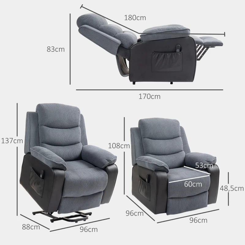 HOMCOM Aufstehsessel mit weichem Cordbezug, Recliner-Sessel mit Fernbedienung und Seitentaschen, Dunkelgrau