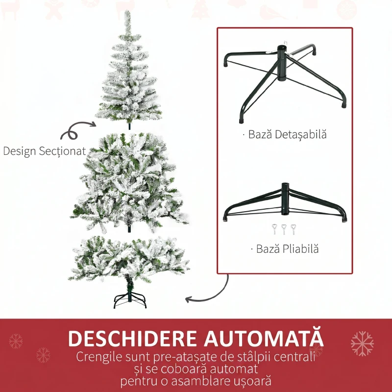 HOMCOM Brad de Crăciun Artificial Înzăpezit cu 750 Ramuri, Bază din Oțel, Plastică, 105x105x180 cm, Verde
