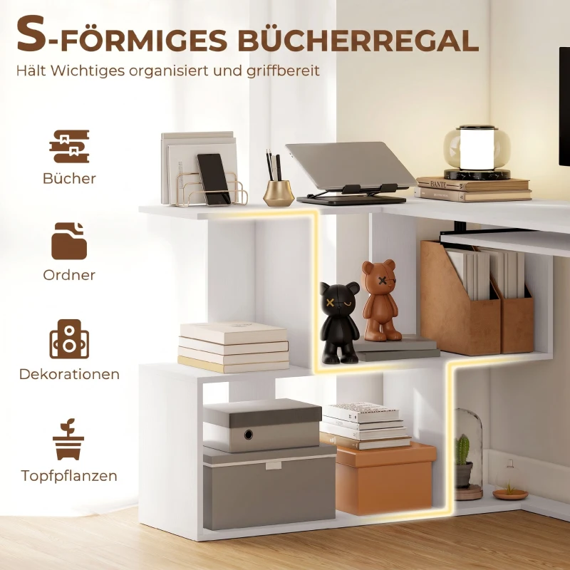 HOMCOM Eckschreibtisch, Computertisch mit Tastaturauszug und offenen Ablagen, weißer Holz-Look