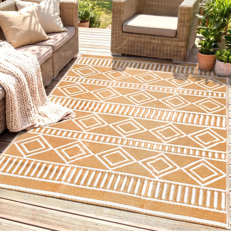 Outsunny Outdoorteppich Terrassenteppich, wetterbeständig, modernes Design, 121 cm x 182 cm x 0,3 cm, Grün + Creme