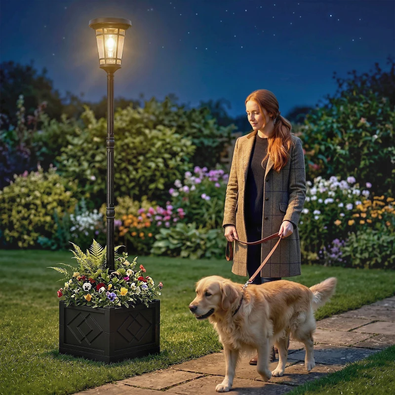 Outsunny Solar Laterne Stehleuchte mit Blumentopf 195cm Außen Gartenlaterne mit 2 Helligkeitsstufen Lichtsteuerung Schalter IP44