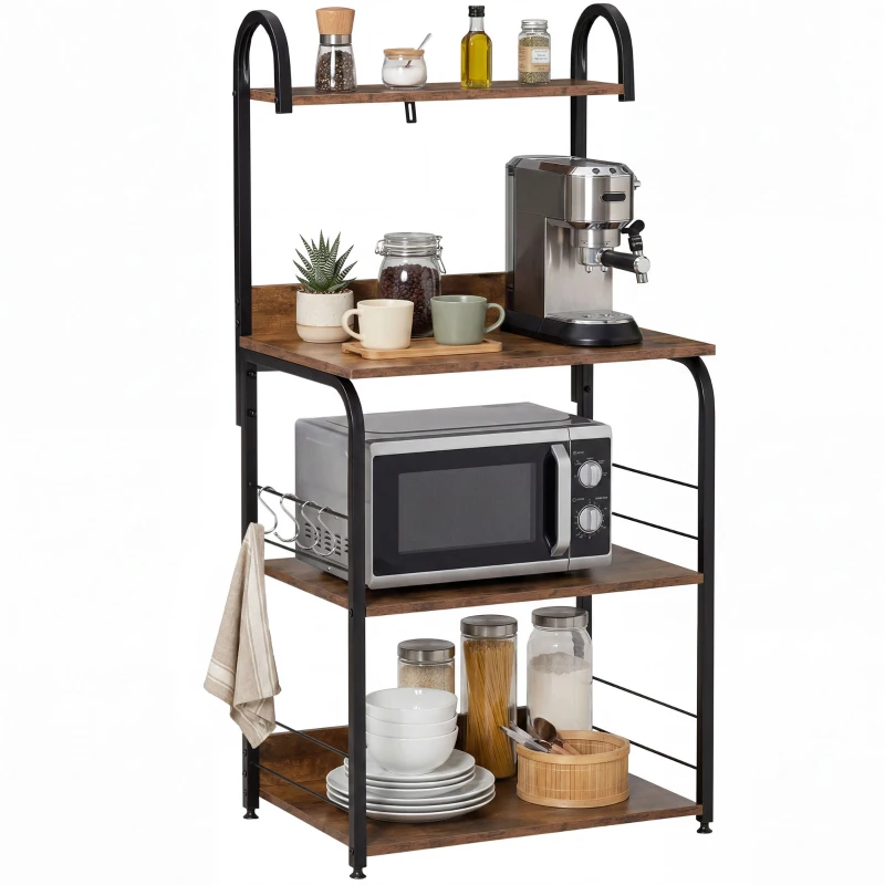 HOMCOM Küchenregal, Standregal mit 3 Ablagen, 4 Haken, Mikrowellenregal für Küche, Esszimmer, Rustikal-Braun, 60 x 40 x 125 cm