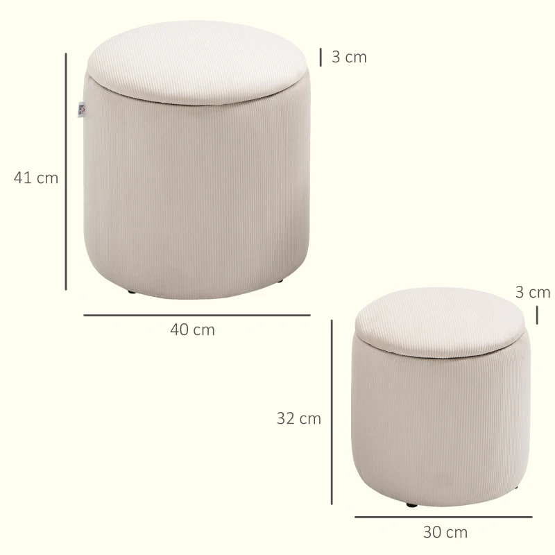 HOMCOM Set de 2 Taburete Rotunde cu Spațiu de Depozitare, Tapițate cu Catifea Fină, Alb