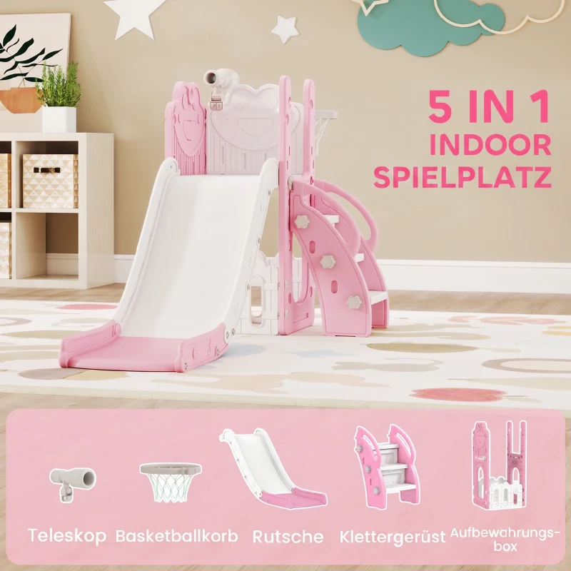 AIYAPLAY 5-in-1 Kinderrutschenset, Teleskop, Basketballkorb, HDPE, Kunststoff, Rosa+Weiß