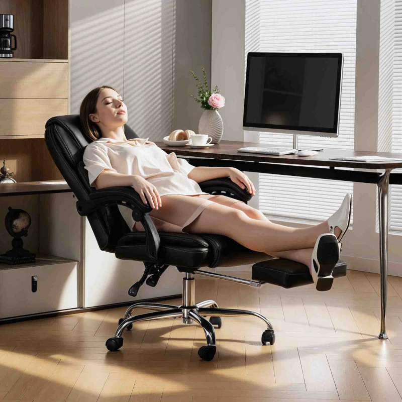HOMCOM Scaun de birou rabatabil cu suport pentru picioare retractabil, din piele PU, capacitate de 120 kg, negru