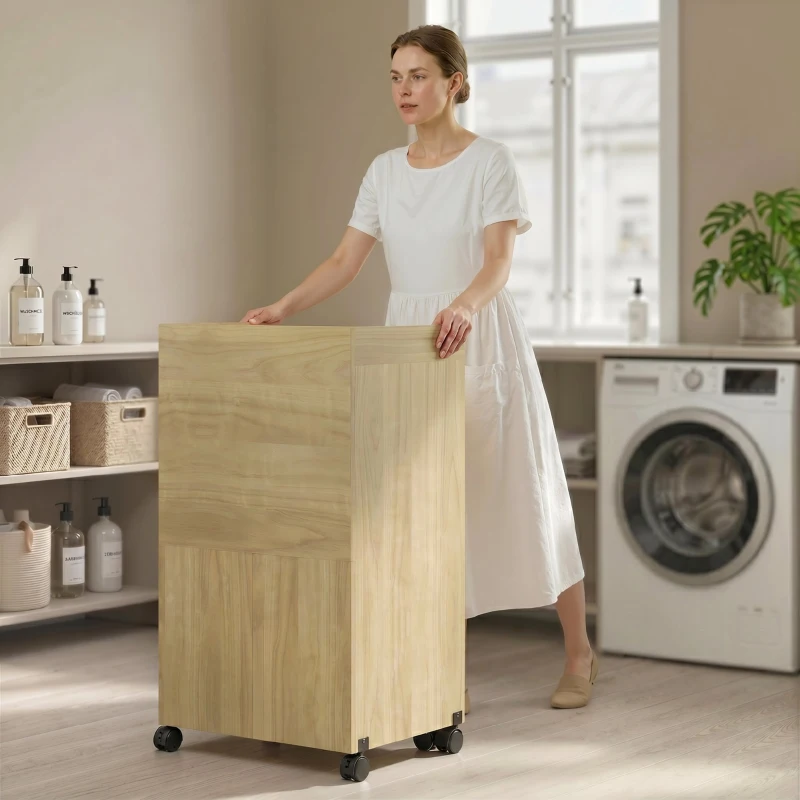 HOMCOM Dulap Masă de Călcat Rabatabilă cu Suport pentru Fier și Haine, cu Compartiment Deschis, 154x55x87 cm, Lemn Natural