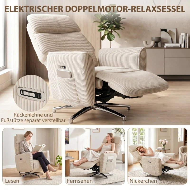HOMCOM Relaxsessel Elektrisch Verstellbar Fernsessel mit Liegefunktion, 2 Motoren Drehbar TV Sessel mit USB-Anschluss