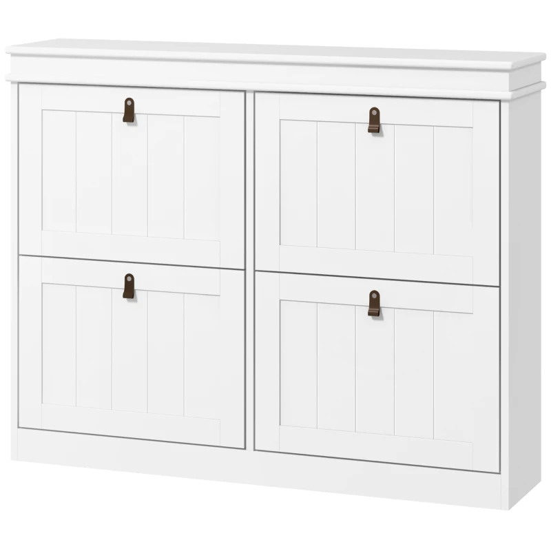 HOMCOM Pantofar Slim cu 4 Uși Rabatabile, Rafturi Reglabile, pentru 10-20 Perechi, Alb