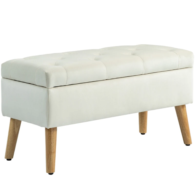 HOMCOM Taburet cu Depozitare In Catifea Picioare In Lemn Di Cauciuc 80x35x42 cm Crem