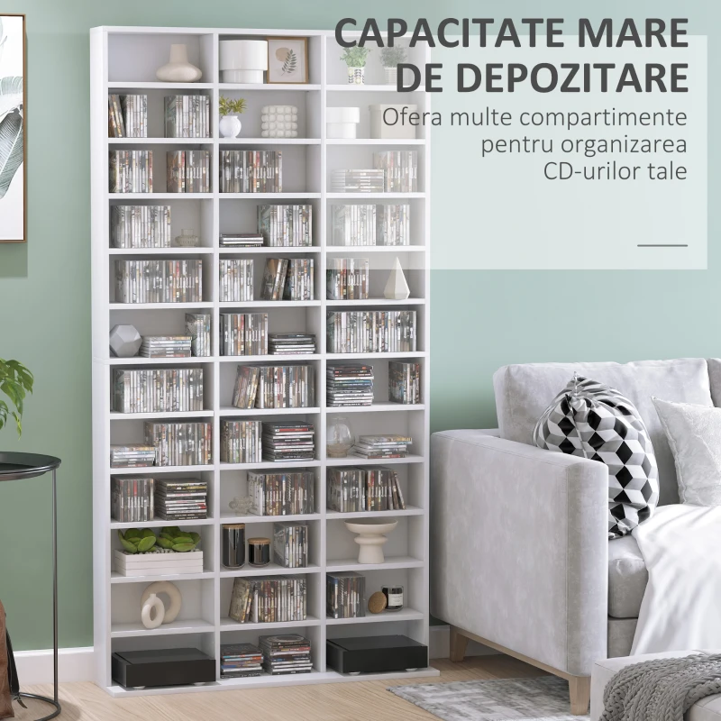 HOMCOM Bibliotecă pentru CD-uri din lemn cu 3 coloane și 12 rafturi reglabile, 102x23,5x195 cm, alb