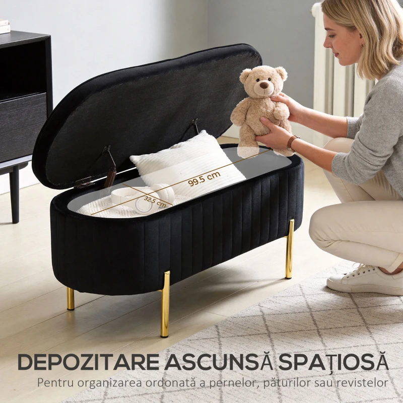 HOMCOM Bancă de Depozitare Ovală 72L cu Capac Rabatabil, din Catifea și Lemn, 108 x 44 x 43,5 cm, Negru