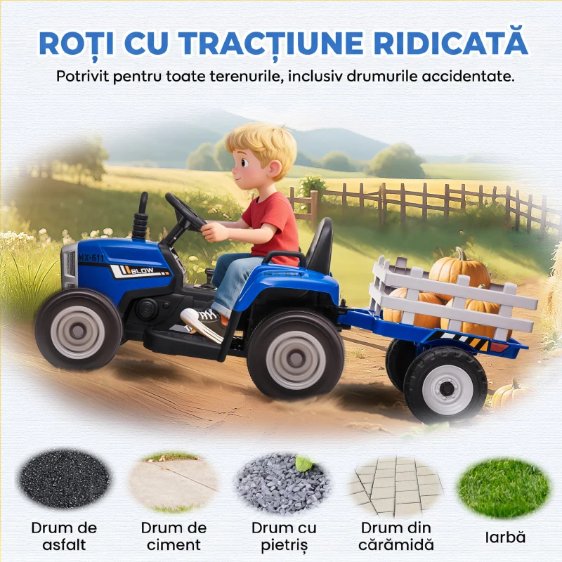 HOMCOM Tractor Electric pentru Copii cu Remorcă Detașabilă, Telecomandă, Port USB, Muzică și Lumini, 3-6 Ani, Albastru
