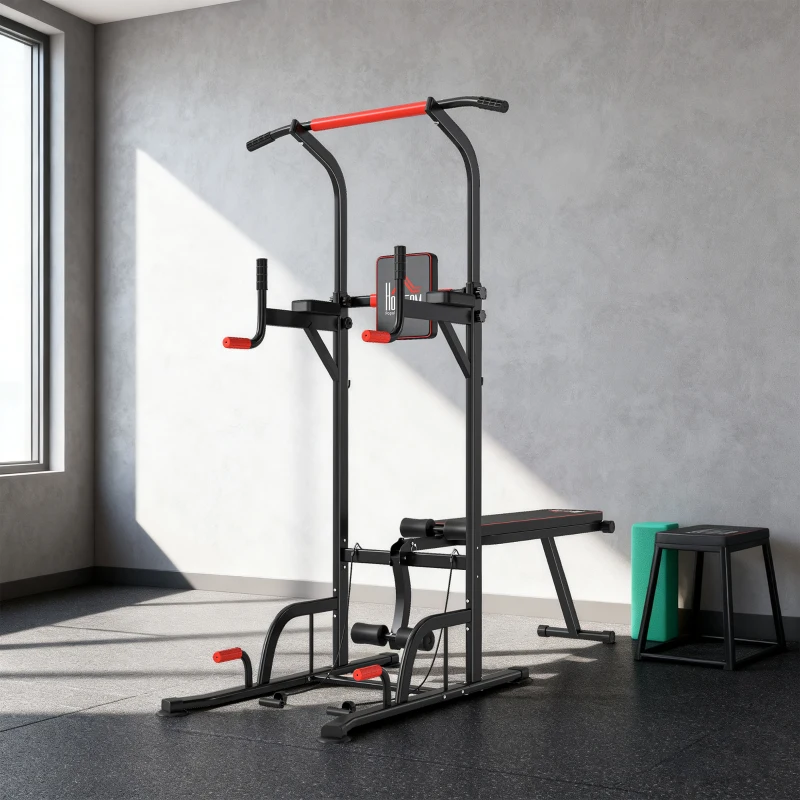 HOMCOM Barra de Dominadas Torre Entrenamiento Energía Power Tower Estación Pull Up Multifuncional Altura Ajustable 181-229 cm con Banco Plegable para Fitness Negro