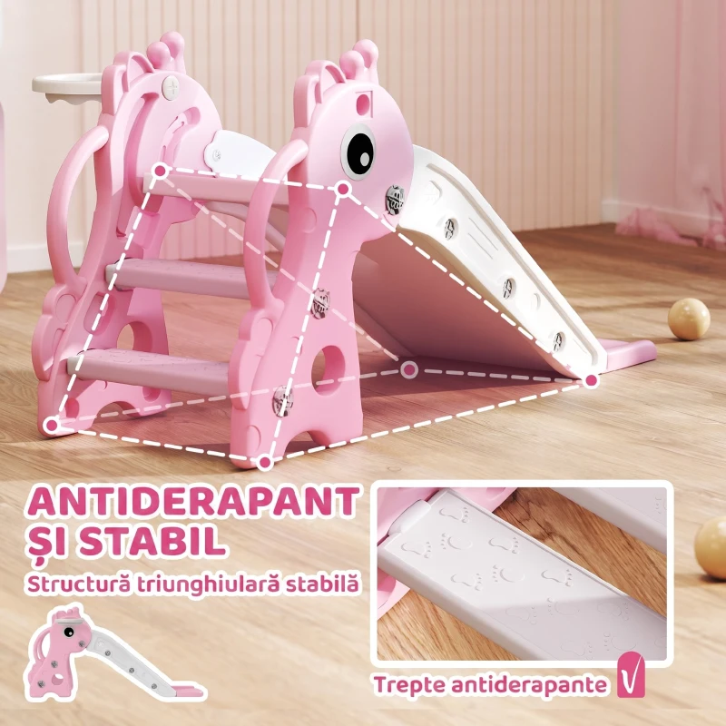 AIYAPLAY Tobogan pentru Copii cu Scară, Coș de Baschet și Minge, Design Girafă, pentru Copii 1-3 Ani, Roz