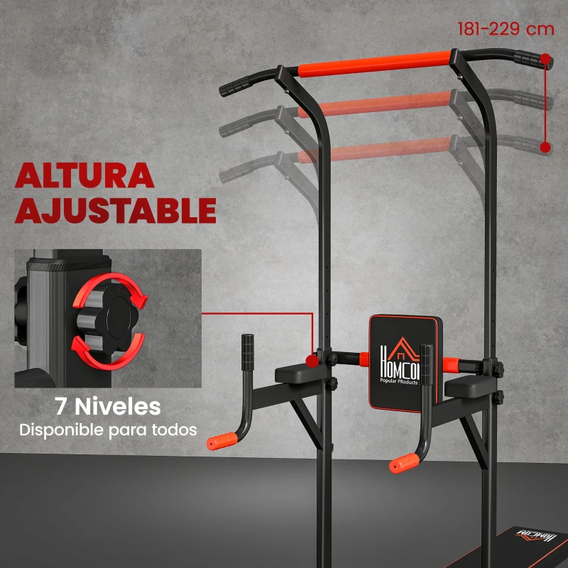HOMCOM Barra de Dominadas Torre Entrenamiento Energía Power Tower Estación Pull Up Multifuncional Altura Ajustable 181-229 cm con Banco Plegable para Fitness Negro