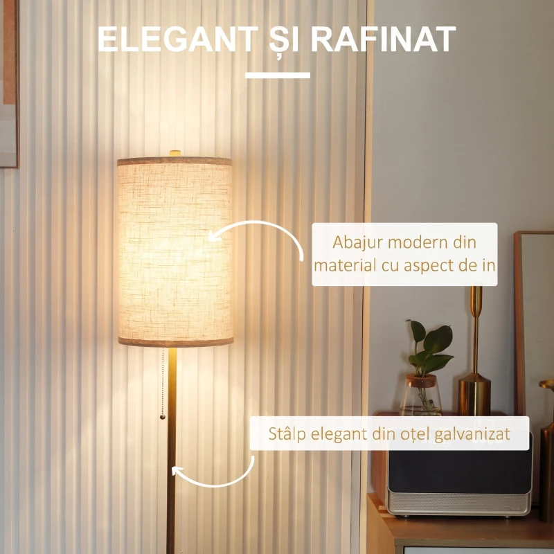 HOMCOM Lampadar cu Abajur din In și Dulie E27, In și Oțel, 25,5x25,5x157 cm, Auriu