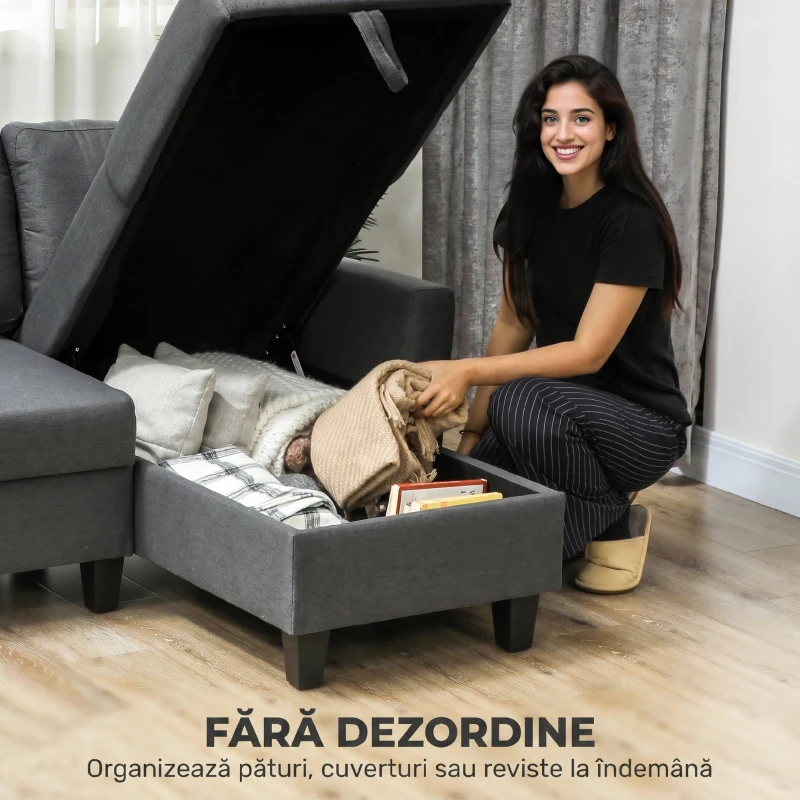 HOMCOM Divan Pat cu 3 Locuri și Chaise și Spațiu de Depozitare, din Țesătură cu Efect de Lin, 197x129x85 cm, Gri Antracit