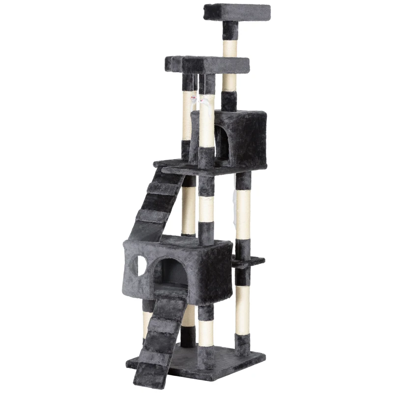 PawHut Albero Tiragraffi per Gatti con 3 Posatoi, 2 Casette e Giochi Appesi, in Legno e Peluche, 49x49x173 cm, Grigio