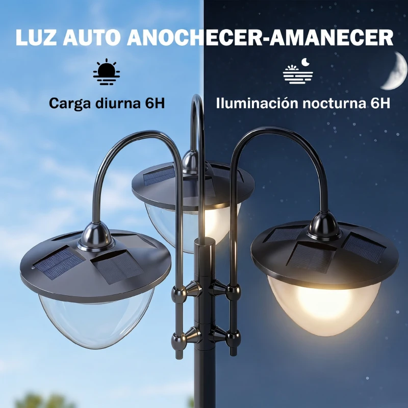 Outsunny Farol Solar de Jardín con 18 Luces LED Blanca Fría 6000K IP44 para Camino Terraza Patio 60x55x189 cm Negro