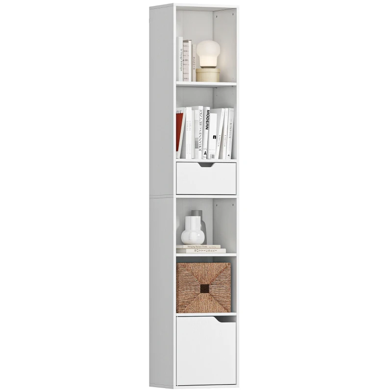 HOMCOM Bücherregal mit 6 Ebenen, 3-stufig verstellbar, mit Schublade, Schranktür, anpassbares Regal, Ausstellungsregal, Weiß