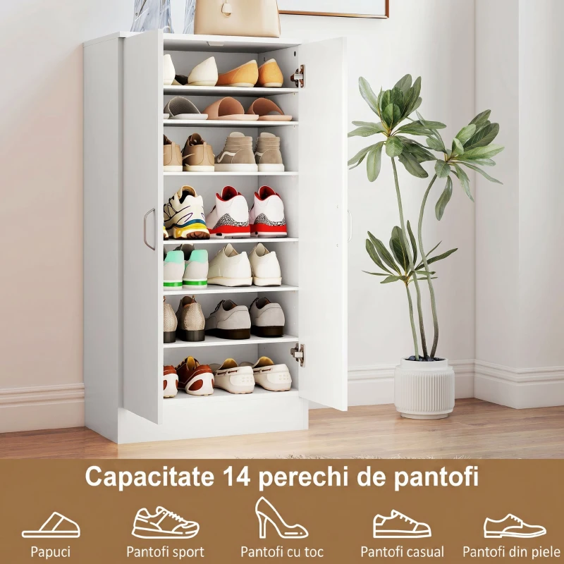 HOMCOM Dulap pentru pantofi cu 6 rafturi reglabile din lemn, alb, 55x35x108 cm