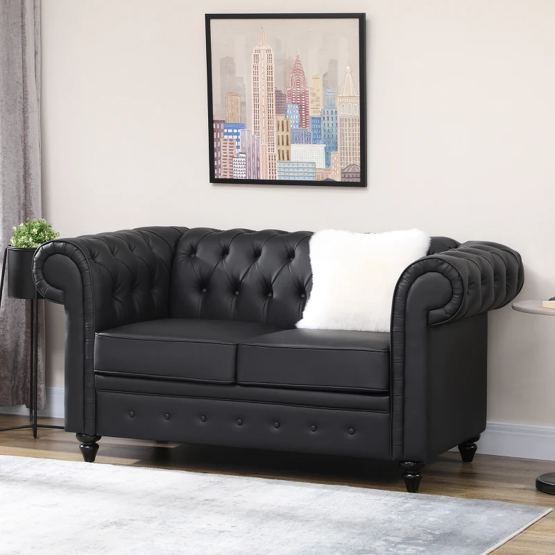 HOMCOM Canapea cu 2 Locuri Stil Chesterfield, PU, Lemn Masiv, 160 x 84 x 80 cm, Negru(m-13)