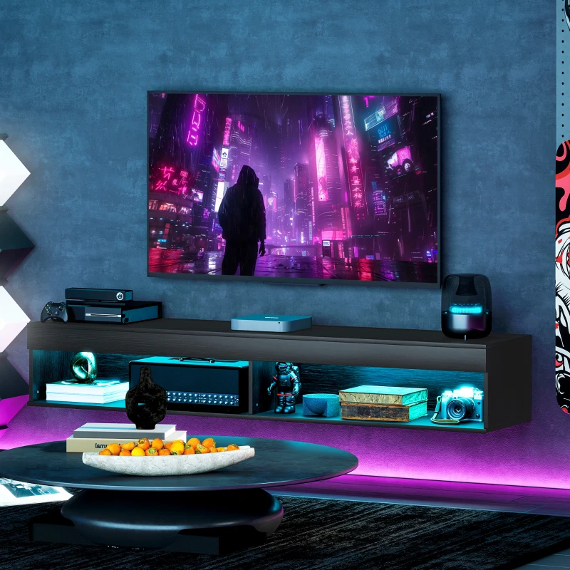 HOMCOM Dulap TV suspendat pentru televizoare de până la 75" cu lumini LED în 16 culori și telecomandă, 180x40x30 cm, negru(m-10)