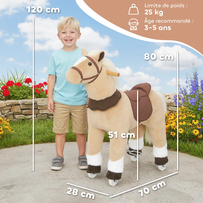 AIYAPLAY Cheval à bascule animal à bascule sur roulettes avec selle et harnais pour enfant de 3 à 5 ans 70 x 28 x 80 cm marron