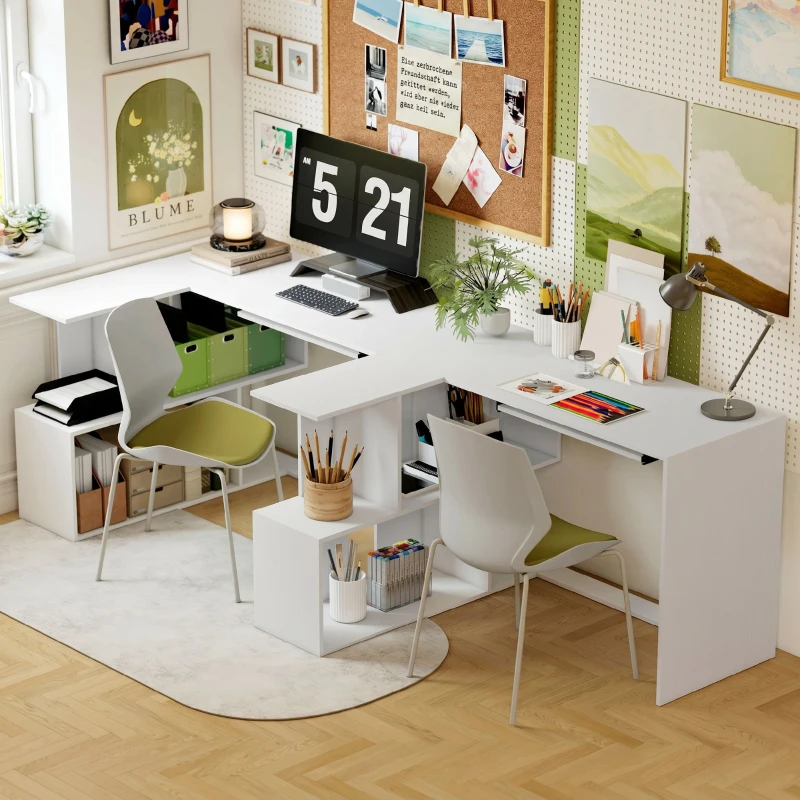 HOMCOM Eckschreibtisch, Computertisch mit Tastaturauszug und offenen Ablagen, weißer Holz-Look
