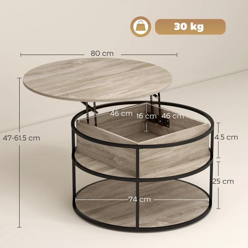 HOMCOM Masă de cafea rotundă cu blat rabatabil, spațiu de depozitare, rafturi laterale, cadru din oțel, masă de cafea, Stejar