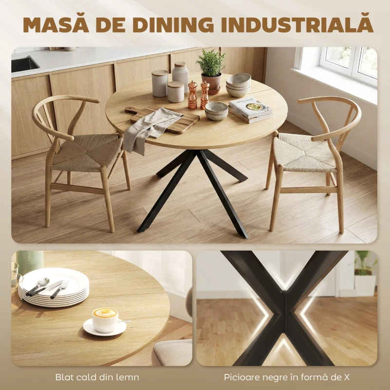 HOMCOM Masă de Sufragerie, Stil Industrial, Melamină din Lemn, Oțel,120cm X 120cm X 75cm,Stejar