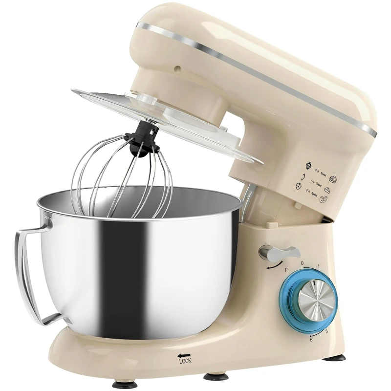 HOMCOM Robot pâtissier 1300 W, robot pétrin professionnel 4,5 L, bol d'acier inoxydable, 6+P vitesses et pulse, beige