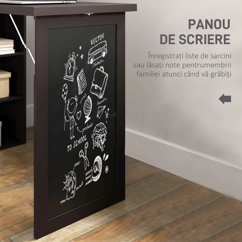 HOMCOM Birou Modern Pliabil cu Bibliotecă și Tablă, din Lemn și Metal, 98x51x153 cm, Maro