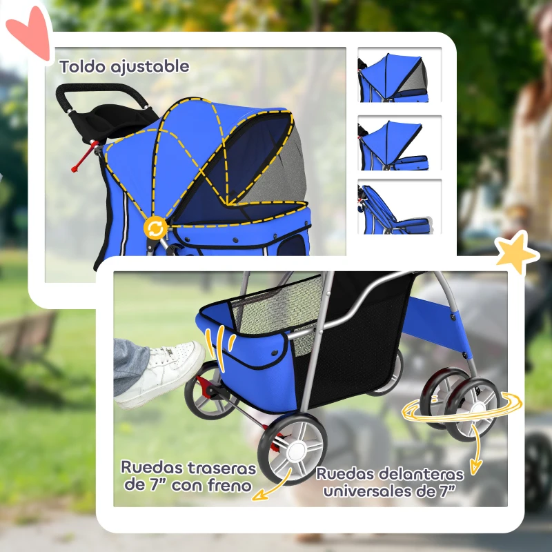 PawHut Carrito para Perros Pequeños con Cesta de Almacenaje Portavasos Ruedas y Cojín Lavable 77x44x102 cm Azul