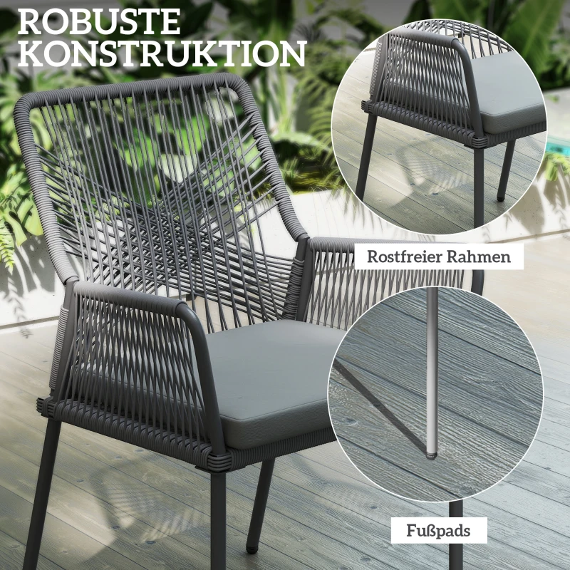 Outsunny Set van 2 tuinstoelen, terrasstoelen, wasbare kussens, rugleuning, armleuningen, staal, rattan, Donkergrijs