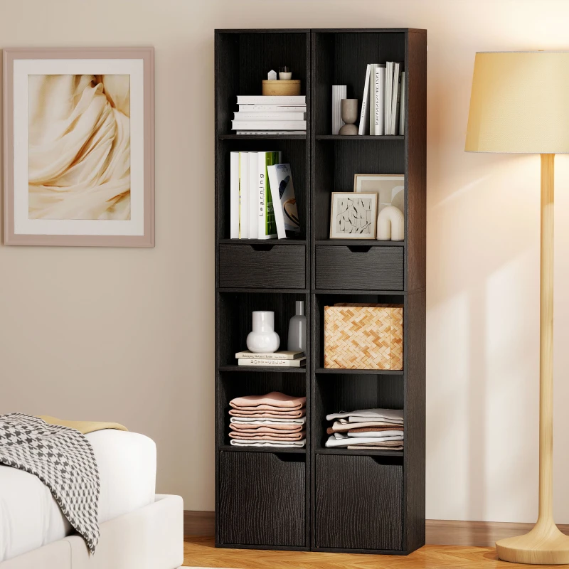 HOMCOM Scaffale Libreria a 4 Ripiani Aperti con Armadietto e Cassetto, 30x24x158 cm, Nero