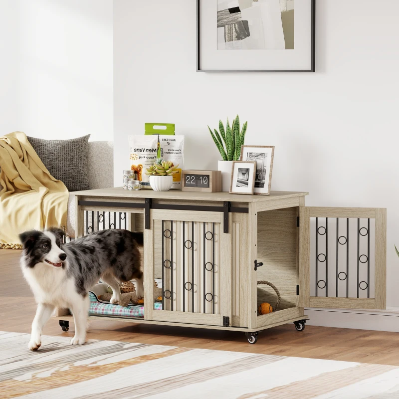 PawHut Jaula para Perros Medianos y Grandes Mesa Auxiliar Moderna con 2 Puertas y Cierre 100x56x65 cm Roble
