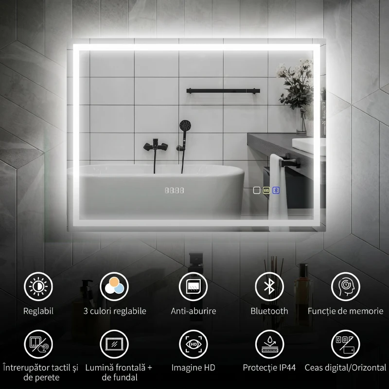 HOMCOM Oglindă Baie Anti-aburire Con Lumină Led E Difuzor Bluetooth 80x60 cm