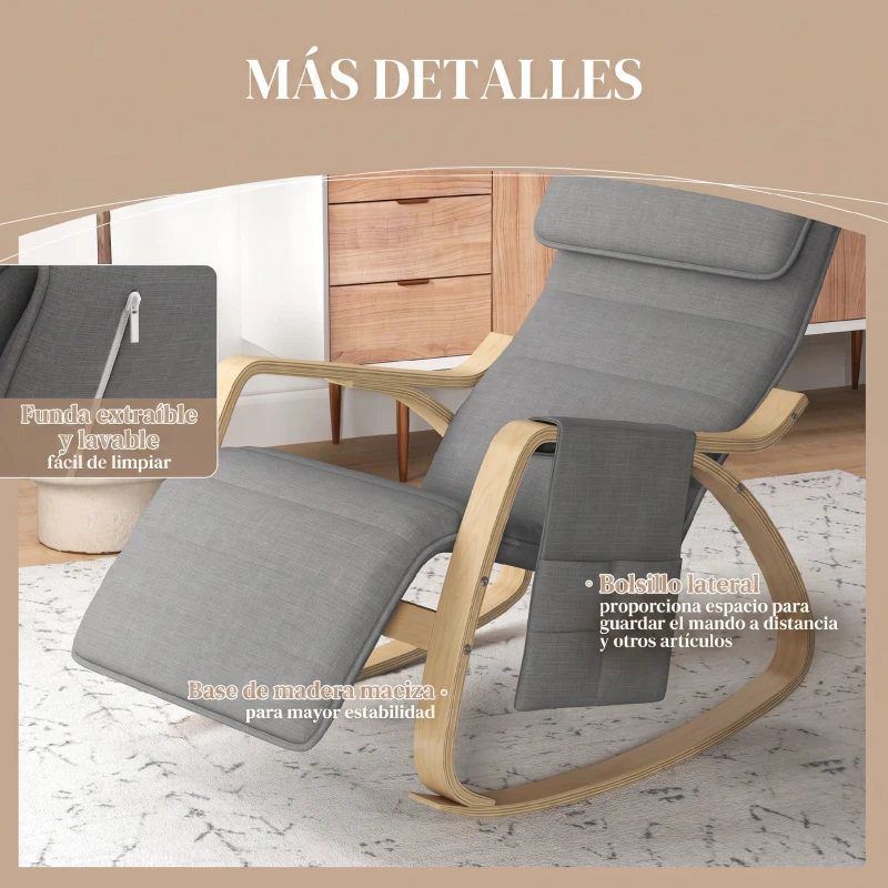 HOMCOM Silla Mecedora con Reposapiés Ajustable en 5 Posiciones Bolsillo Lateral Reposabrazos de Madera Reposacabezas Gris