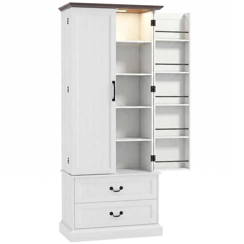 HOMCOM Buffet haut cuisine, armoire de cuisine, LED à capteur, 2 portes, tiroirs et étagères réglables, 76x39,5x183cm, blanc(m-12)