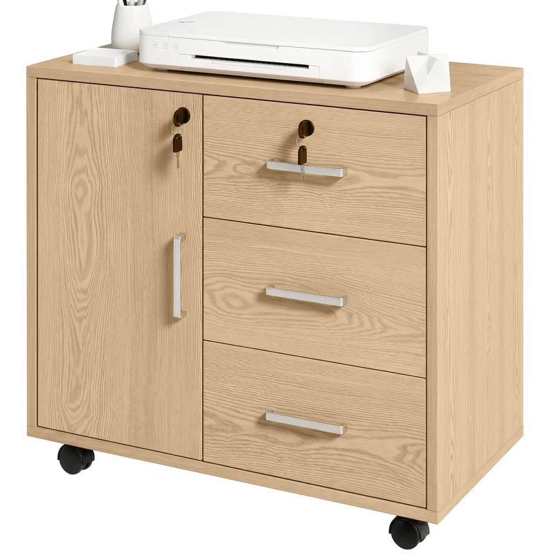 HOMCOM Caisson bureau meuble de rangement verrouillable avec 3 tiroirs et étagère réglable, roulettes, 40 x 60 x 56 cm, marron clair