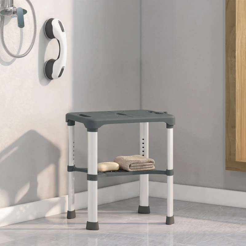 HOMCOM Scaun de Duș din Aluminiu cu Raft Integrat, Înălțime Reglabilă pe 5 Niveluri, Suport 150kg, Gri