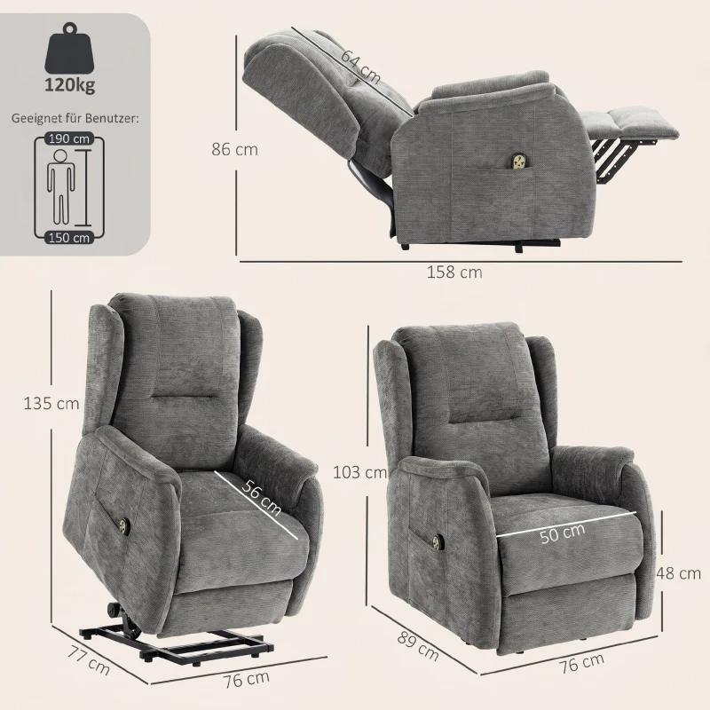 HOMCOM Fernsehsessel Relaxsessel mit Aufstehhilfe für Senioren, Chenille-Optik, mit Fernbedienung und Seitentaschen, Dunkelgrau