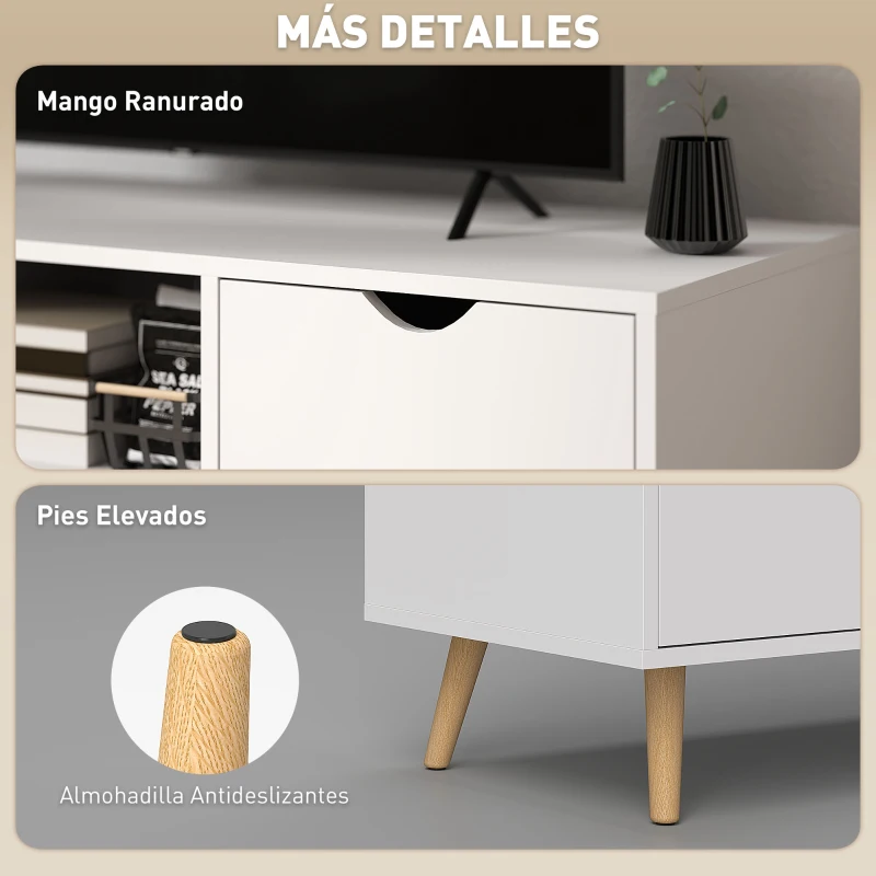 HOMCOM Mueble de TV con Cajón 2 Puertas y Estante Abierto Patas de Madera para Televisores 50 Pulgadas 110x40x50 cm Blanco